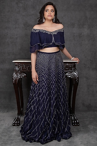 Navy Blue Sequins Embroidered Lehenga Set by Sunita Bhandari