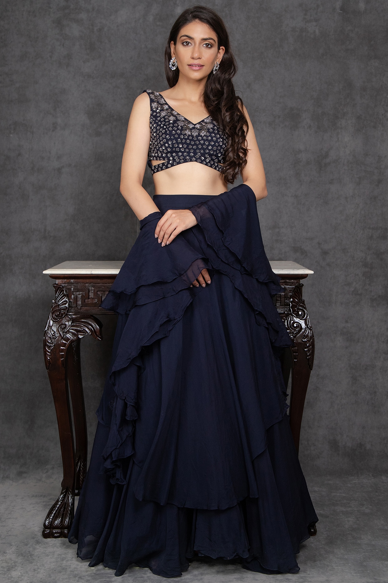Engagement Wear Blue Silk Layered Skirt & Crop Top | Indo Western Set