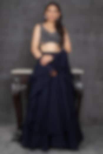 Navy Blue Viscose Organza Layered Wedding Lehenga Set by Sunita Bhandari at Pernia's Pop Up Shop