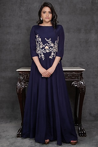 Navy Blue Embroidered Asymmetrical Gown by Sunita Bhandari