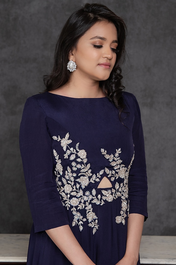 Navy Blue Embroidered Asymmetrical Engagement Gown by Sunita Bhandari at Pernia's Pop Up Shop
