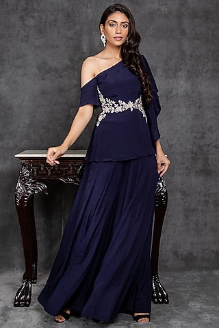 Navy Blue Flared Palazzo Pant Set by Sunita Bhandari