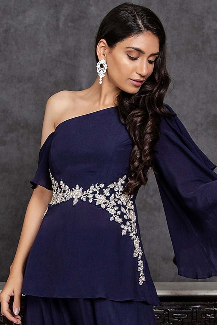 Navy Blue Flared Palazzo Pant Set by Sunita Bhandari at Pernia's Pop Up Shop