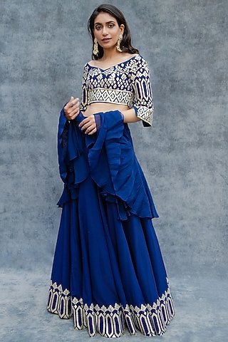 Royal Blue Applique Embroidered Lehenga Set by Sunita Bhandari