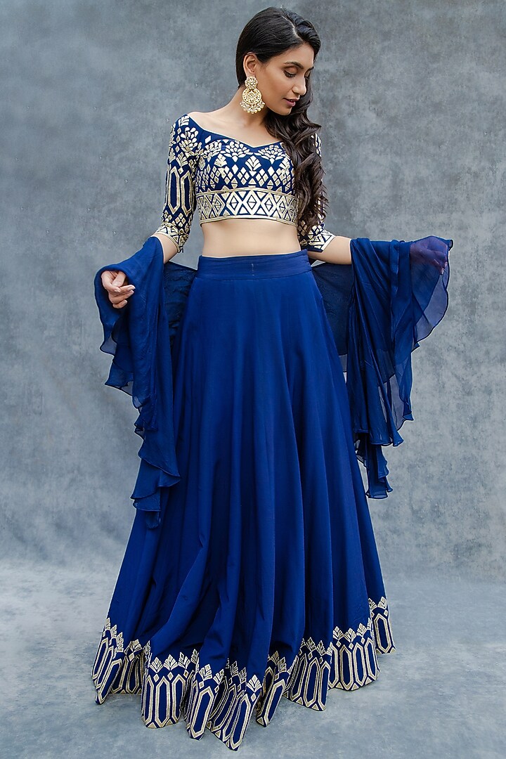 Royal Blue Applique Embroidered Wedding Lehenga Set by Sunita Bhandari at Pernia's Pop Up Shop