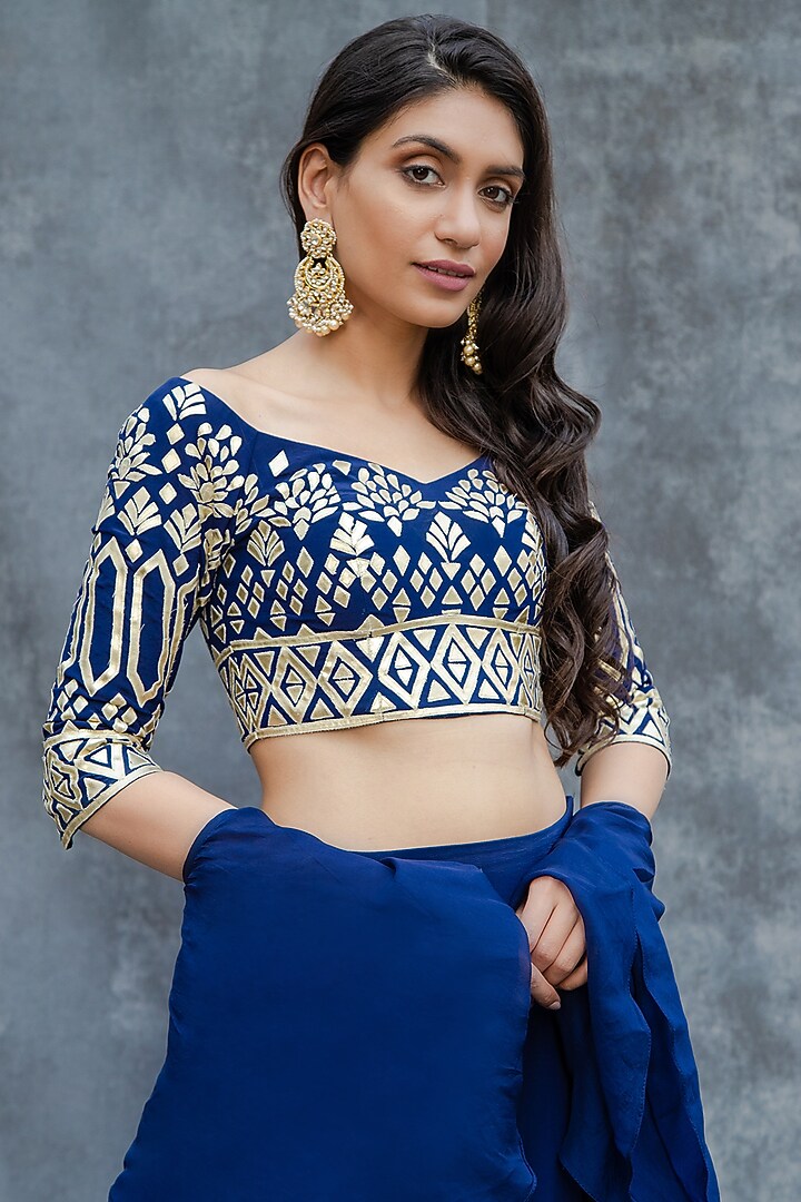 Royal Blue Applique Embroidered Wedding Lehenga Set by Sunita Bhandari at Pernia's Pop Up Shop