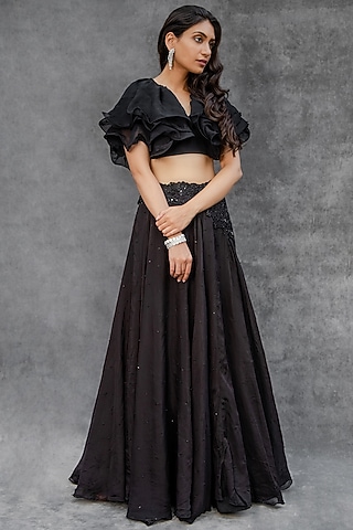 Black Zardosi Self Embroidered Lehenga Set by Sunita Bhandari