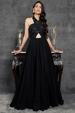 Black Zardosi Self Embroidered Gown by Sunita Bhandari