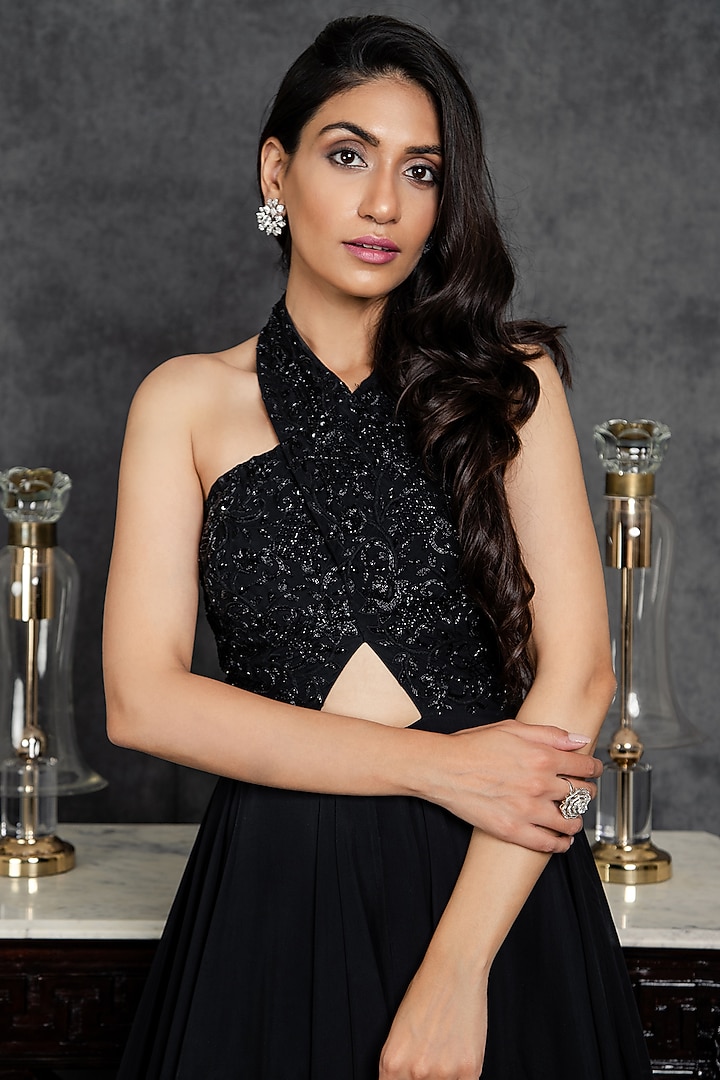 Black Zardosi Self Embroidered Engagement Gown by Sunita Bhandari at Pernia's Pop Up Shop