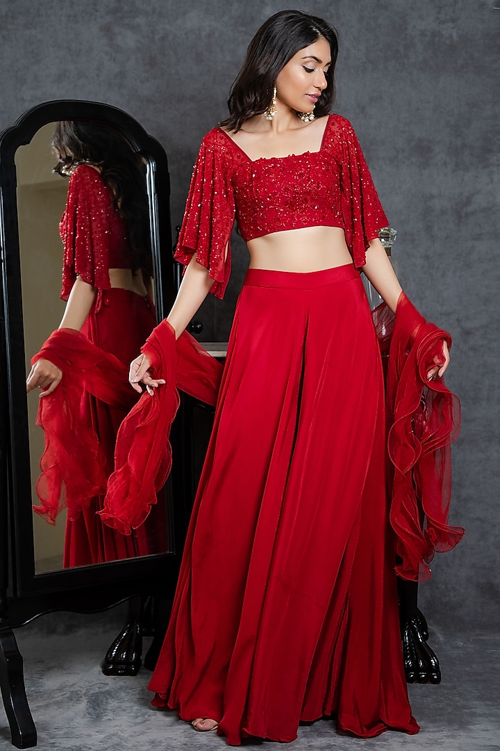 Red Viscose Crepe Flared Sharara Set by Sunita Bhandari
