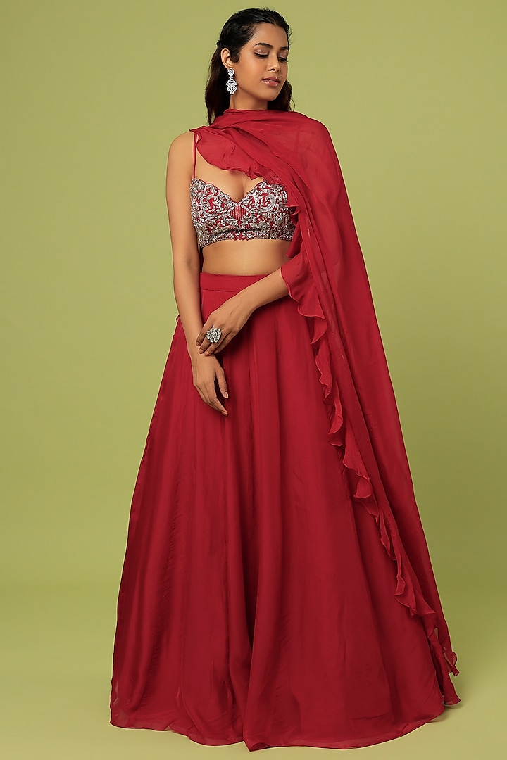 Red Viscose Organza Wedding Lehenga Set by Sunita Bhandari at Pernia's Pop Up Shop