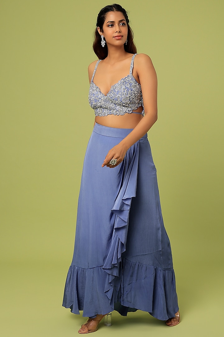 Blue Viscose Crepe Draped Skirt Set by Sunita Bhandari