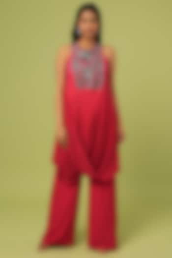 Red & Pink Draped Kurta Set by Sunita Bhandari at Pernia's Pop Up Shop