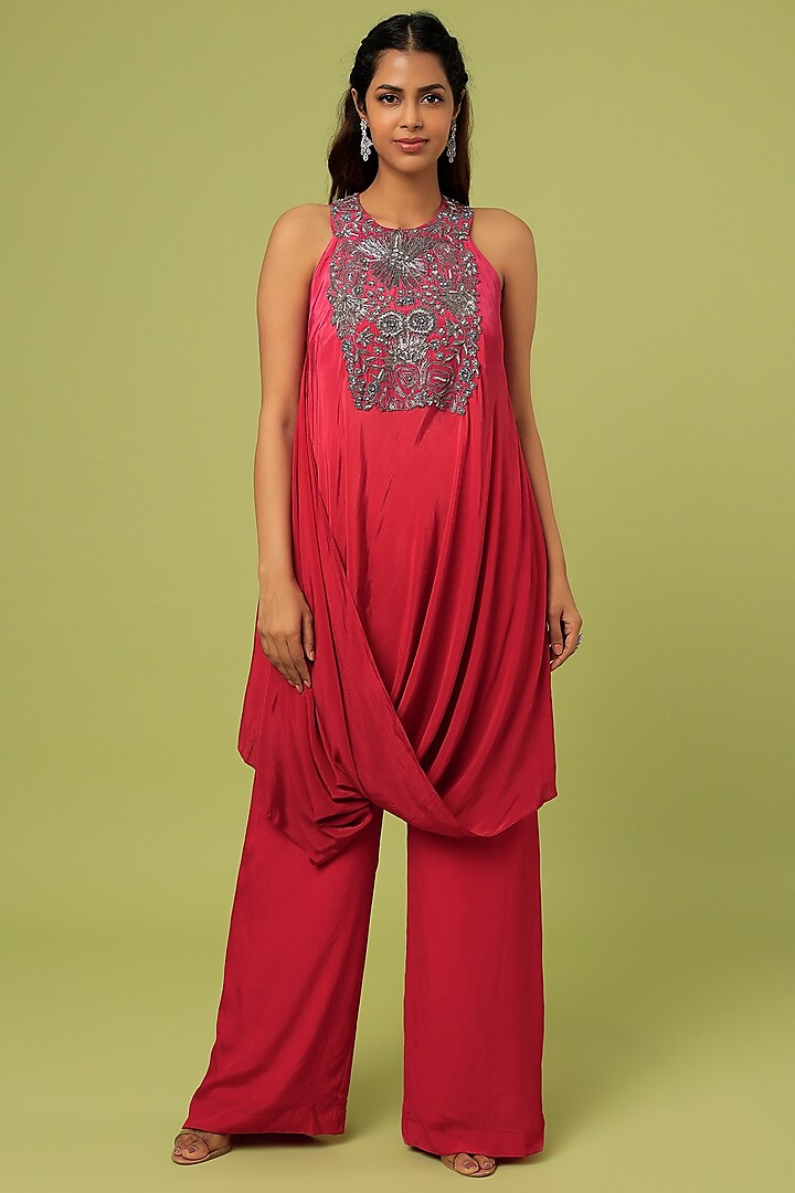 Red & Pink Draped Kurta Set by Sunita Bhandari at Pernia's Pop Up Shop