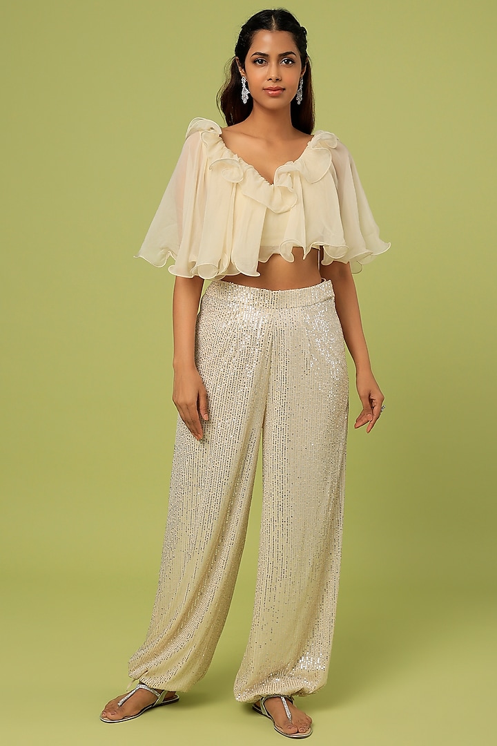 Ivory Sequinned Pant Set by Sunita Bhandari