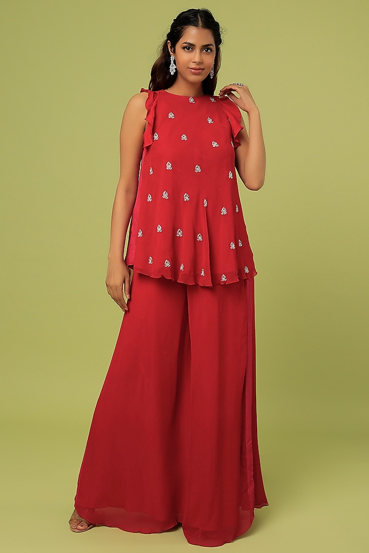 Red Viscose Georgette Pant Set by Sunita Bhandari at Pernia's Pop Up Shop