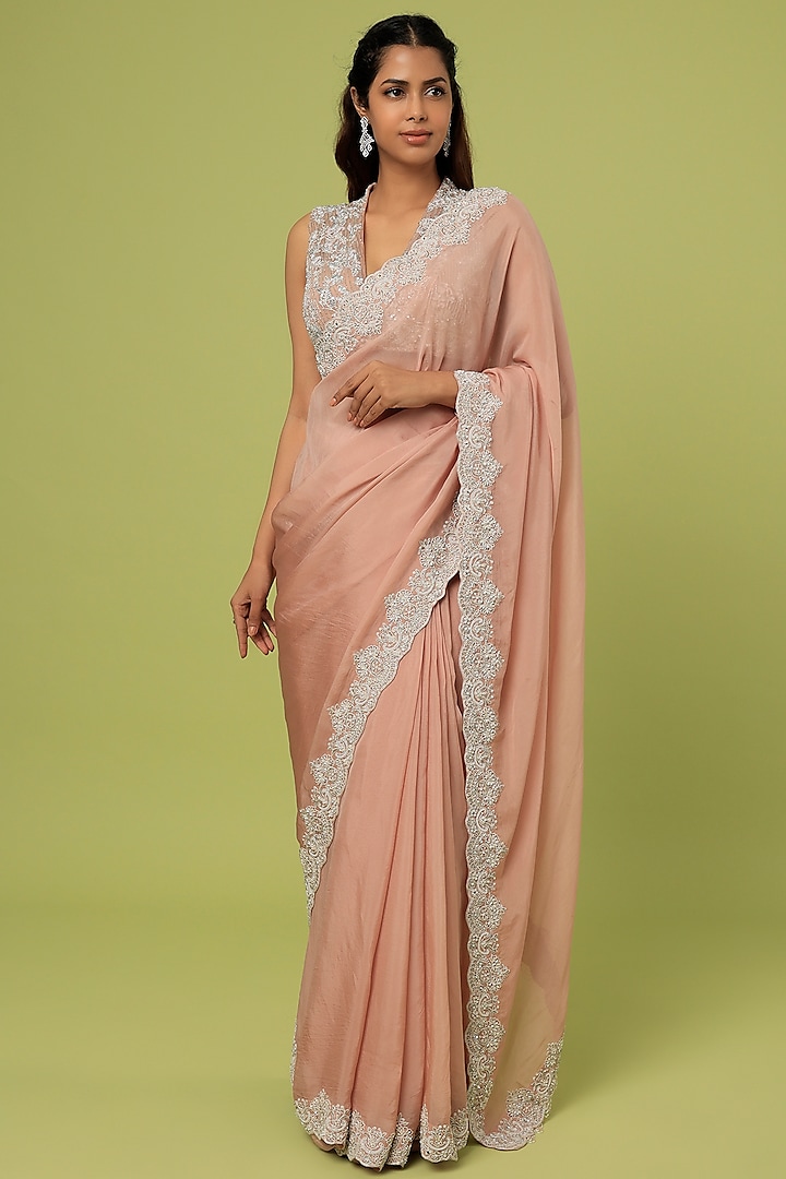 Pink Viscose Crepe Saree Set by Sunita Bhandari