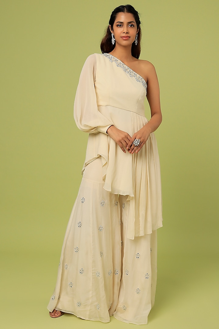 Ivory Viscose Organza Sharara Set by Sunita Bhandari at Pernia's Pop Up Shop