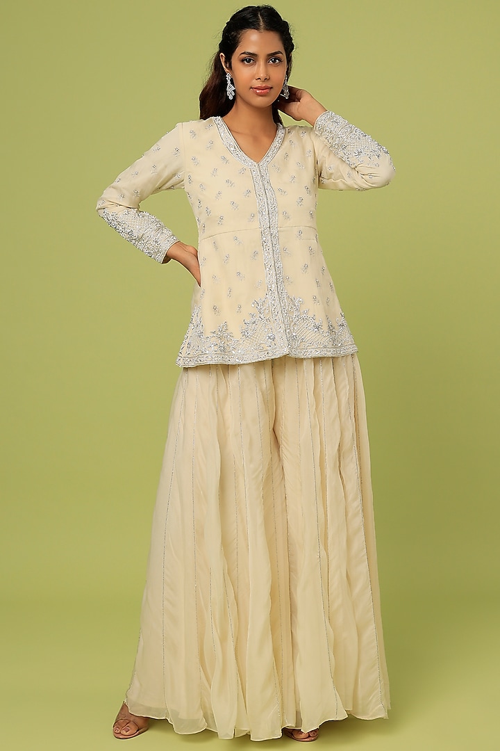 Ivory Viscose Organza Sharara Set by Sunita Bhandari at Pernia's Pop Up Shop