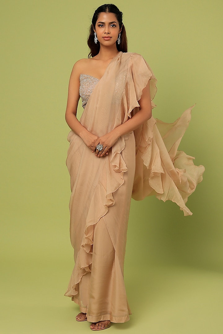 Sand Ruffled Saree Set by Sunita Bhandari