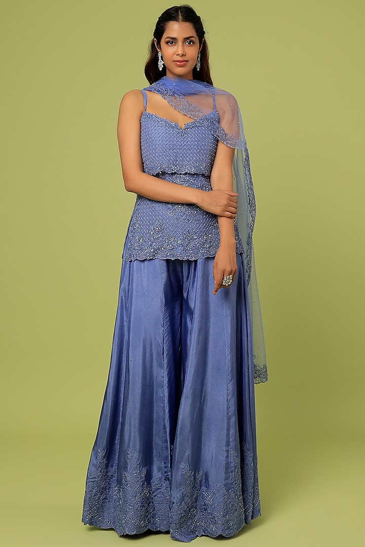 Blue Viscose Organza Sharara Set by Sunita Bhandari at Pernia's Pop Up Shop