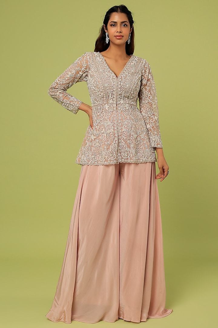 Nude Pink Peplum Jacket Set by Sunita Bhandari