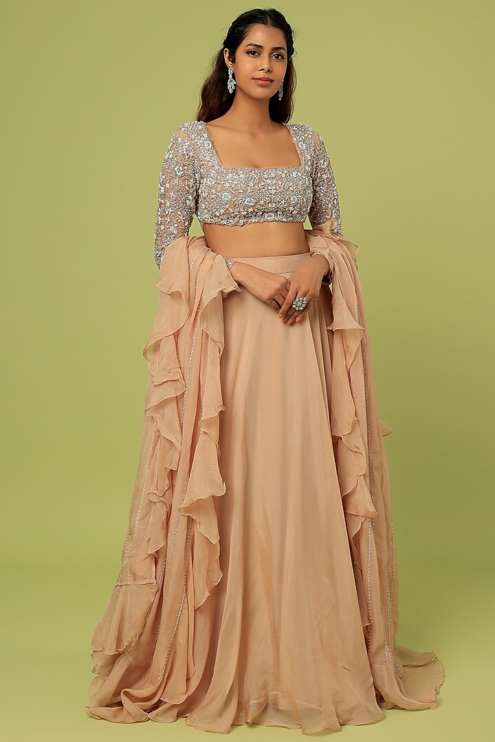 Sand Viscose Organza Wedding Lehenga Set by Sunita Bhandari at Pernia's Pop Up Shop