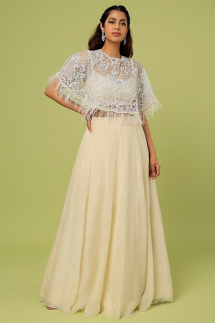 Ivory Viscose Organza Wedding Lehenga Set by Sunita Bhandari at Pernia's Pop Up Shop