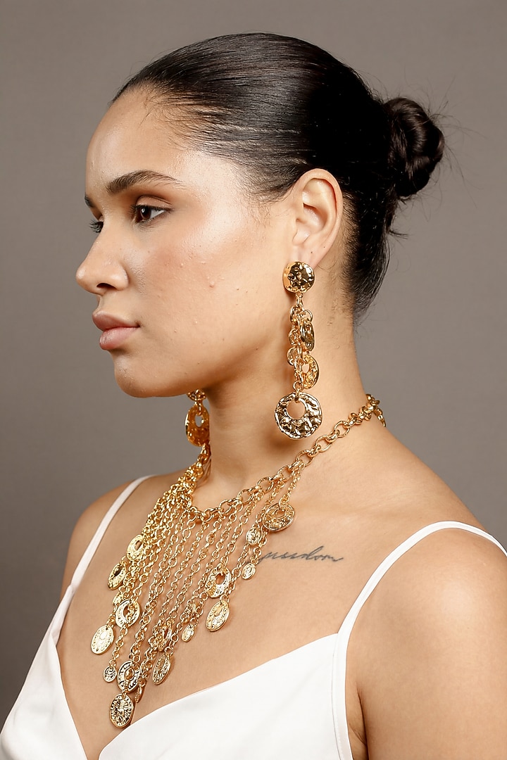 Gold Plated Hammered Gold Disc Textured Dangler Earrings by SUCRA at Pernia's Pop Up Shop