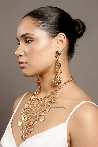 Gold Plated Hammered Gold Disc Textured Dangler Earrings by SUCRA