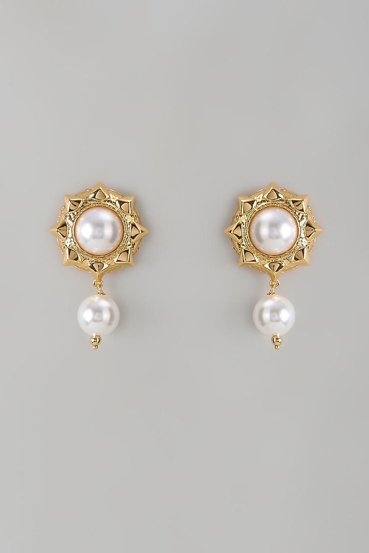 Gold Finish Pearl Drop Stud Earrings by SUCRA at Pernia's Pop Up Shop