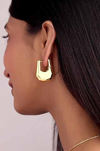 Gold Finish Brass Geometric Angular Hoop Earrings by SUCRA