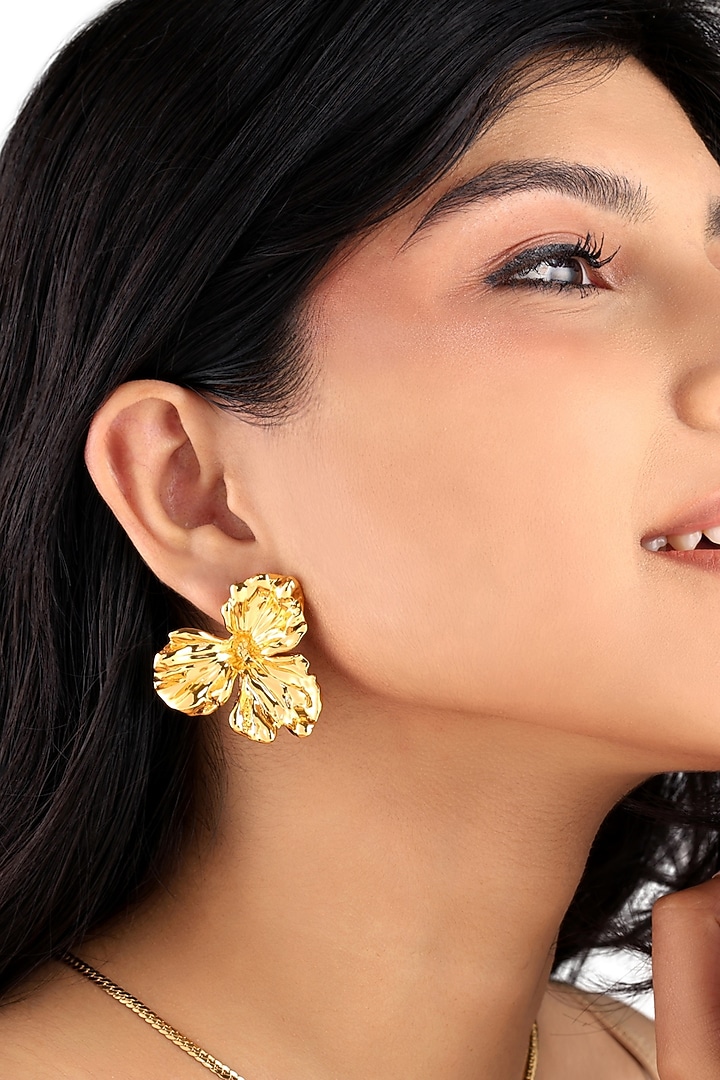 Gold Finish Brass Textured Floral Stud Earrings by SUCRA at Pernia's Pop Up Shop