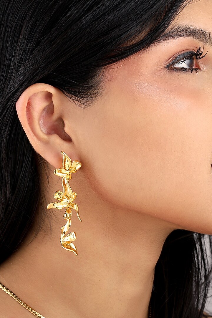 Gold Finish Brass Floral Dangler Earrings by SUCRA at Pernia's Pop Up Shop
