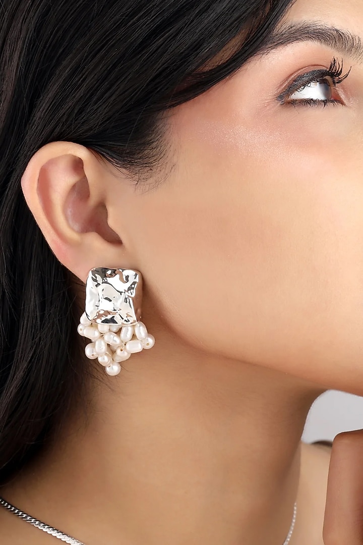 Micron Silver Finish Freshwater Pearl Dangler Earrings by SUCRA at Pernia's Pop Up Shop