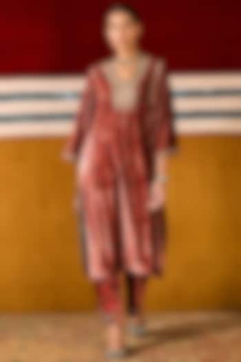 Rusty Orange Silk Velvet Floral Motif Embroidered & Printed Kurta Set by Sue Mue at Pernia's Pop Up Shop