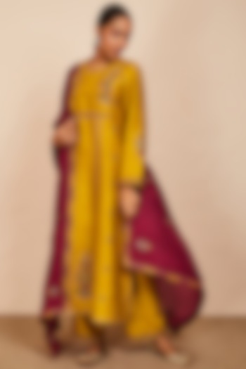Mustard Raw Silk Embroidered Kali Kurta Set by Sue Mue at Pernia's Pop Up Shop