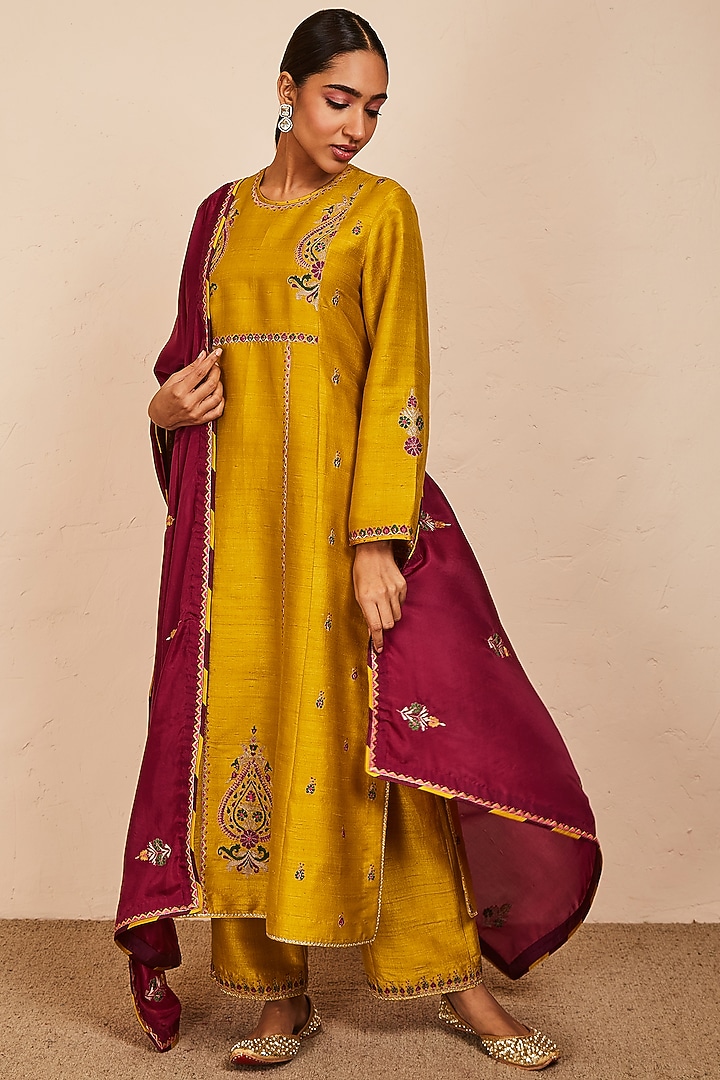 Mustard Raw Silk Embroidered Kali Kurta Set by Sue Mue at Pernia's Pop Up Shop