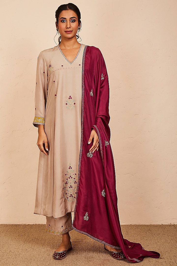 Beige Silk Embroidered Kurta Set by Sue Mue