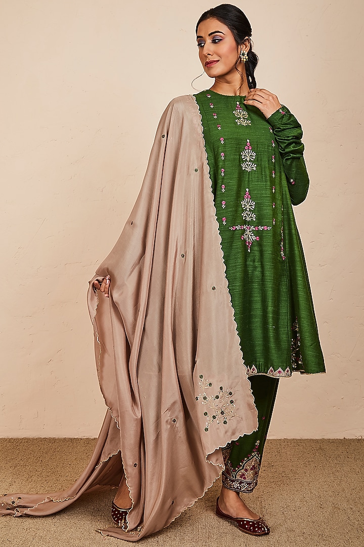 Green Tussar Georgette Embroidered Anarkali Set by Sue Mue