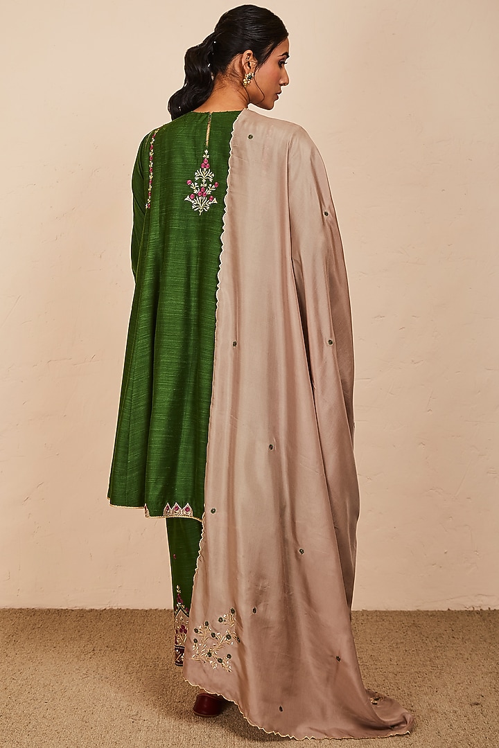 Green Tussar Georgette Embroidered Wedding Anarkali Set by Sue Mue at Pernia's Pop Up Shop