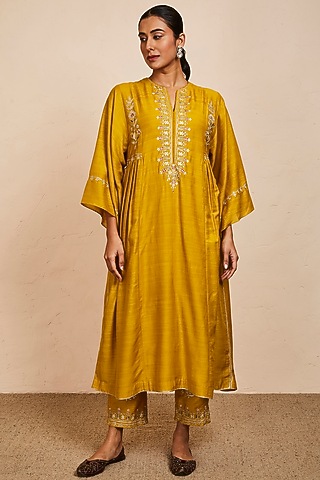 Mustard Tussar Georgette Embroidered Kaftan Set by Sue Mue