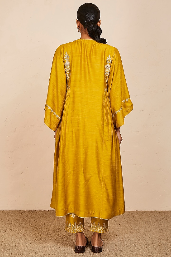 Mustard Tussar Georgette Embroidered Kaftan Set by Sue Mue at Pernia's Pop Up Shop