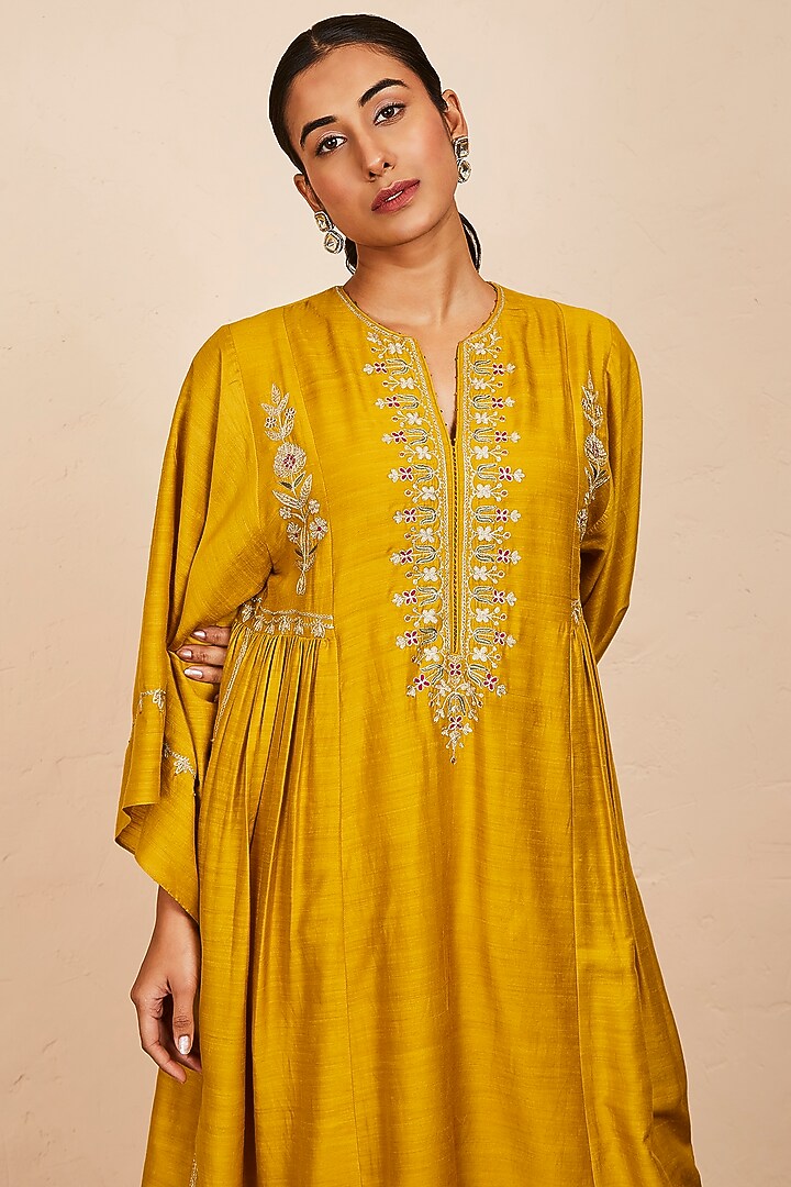 Mustard Tussar Georgette Embroidered Kaftan Set by Sue Mue at Pernia's Pop Up Shop