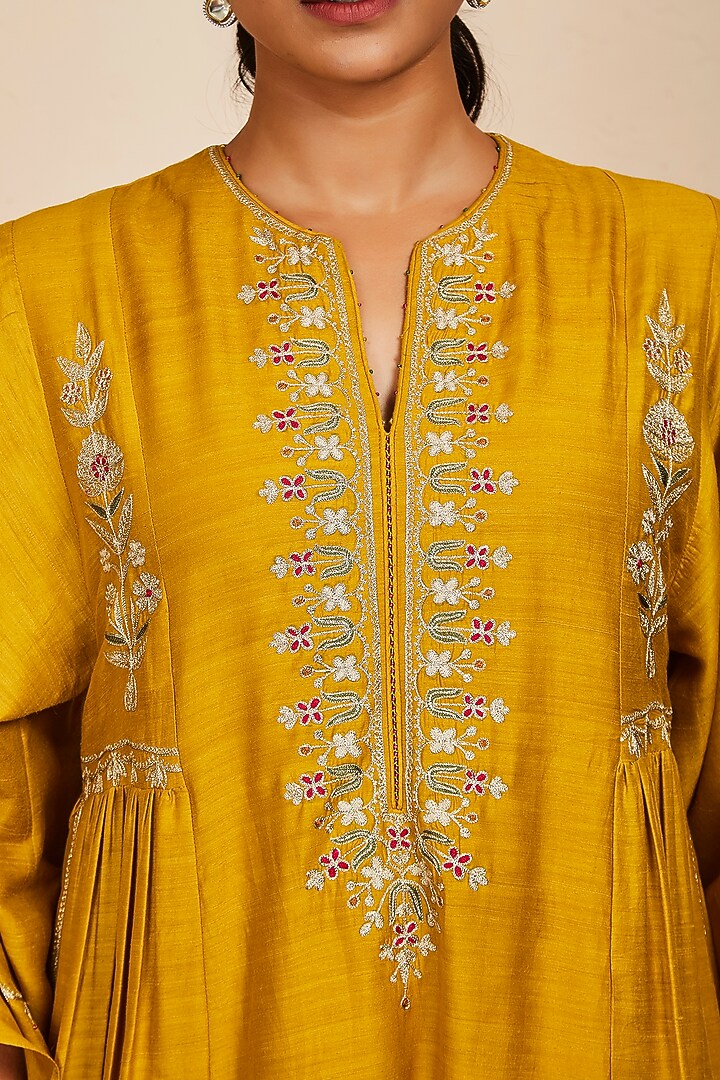 Mustard Tussar Georgette Embroidered Kaftan Set by Sue Mue at Pernia's Pop Up Shop