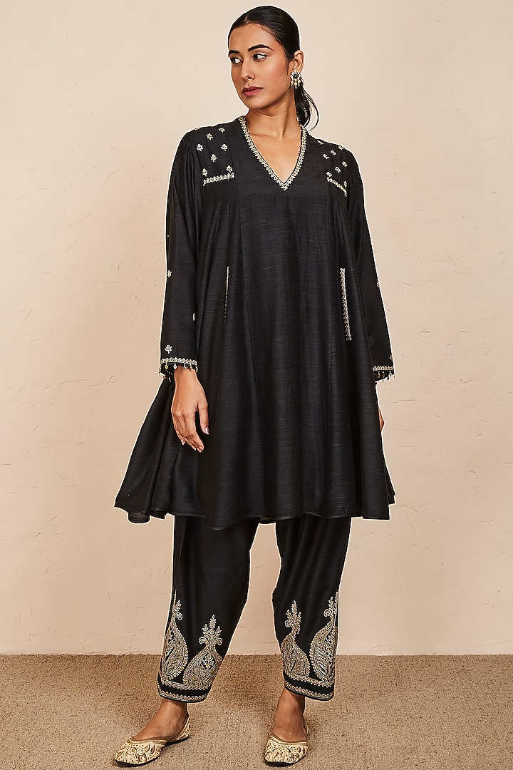 Black Tussar Georgette Embroidered Anarkali Set by Sue Mue