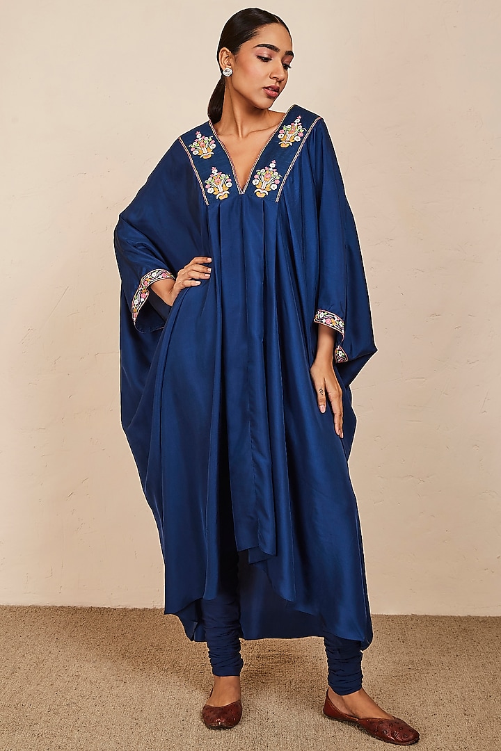 Blue Silk Embroidered Kaftan Set by Sue Mue