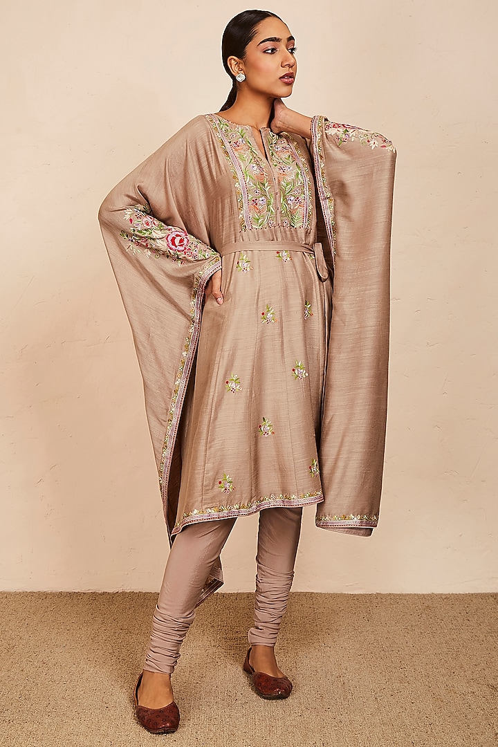 Beige Tussar Georgette Embroidered Kaftan Set by Sue Mue