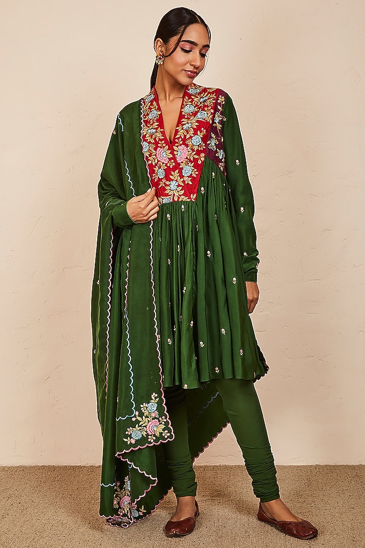 Green Silk Embroidered Anarkali Set by Sue Mue