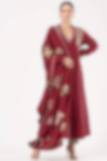 Maroon Embroidered A-Line Kalidar Kurta Set by Sue Mue